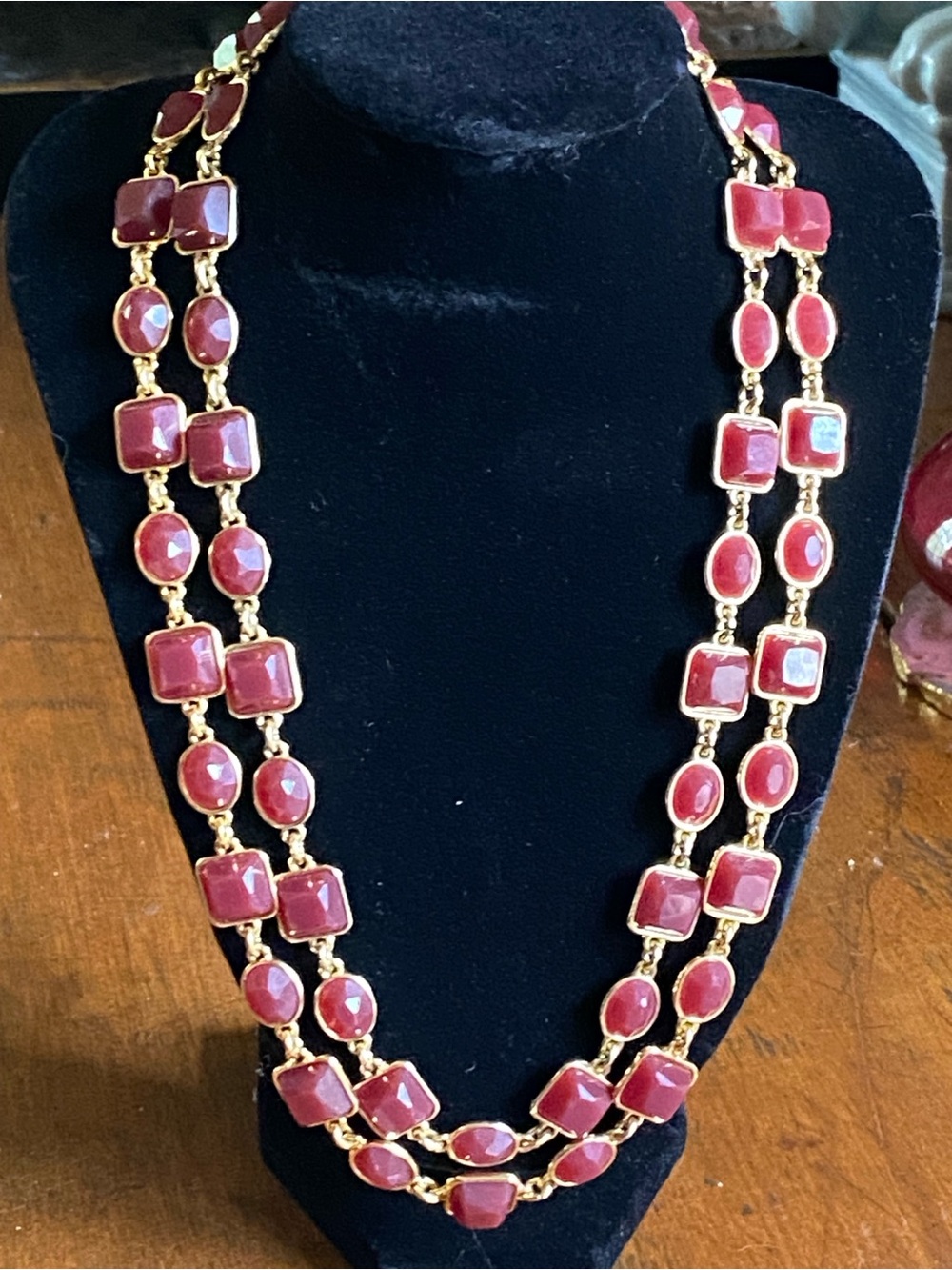 Talbots Double Strand 18” Gold-Tone Necklace with Deep Red Stones